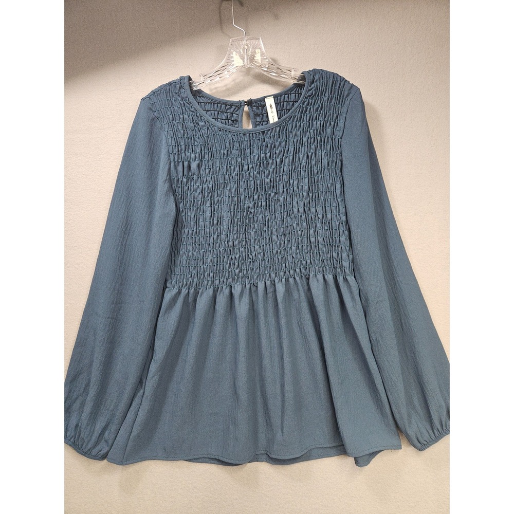 Vanilla Bay Smocked Long Sleeve Blouse Dusty Blue VT26502 Small Made in USA